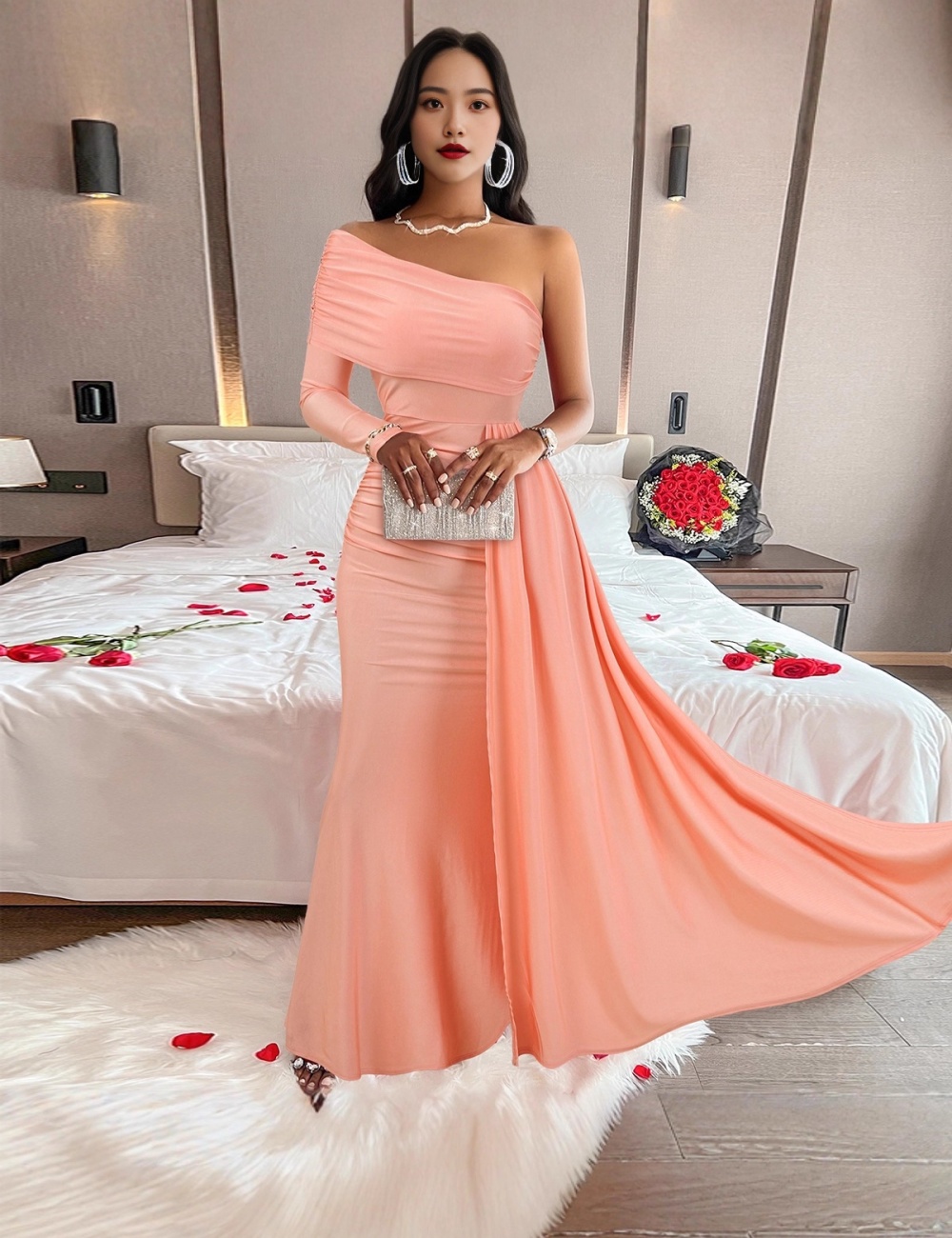 European style sloping shoulder dress for women