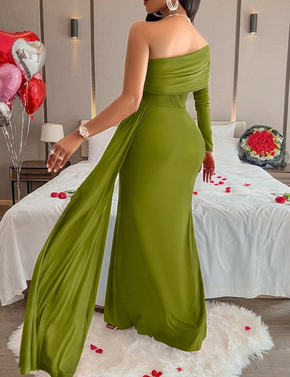 European style sloping shoulder dress for women