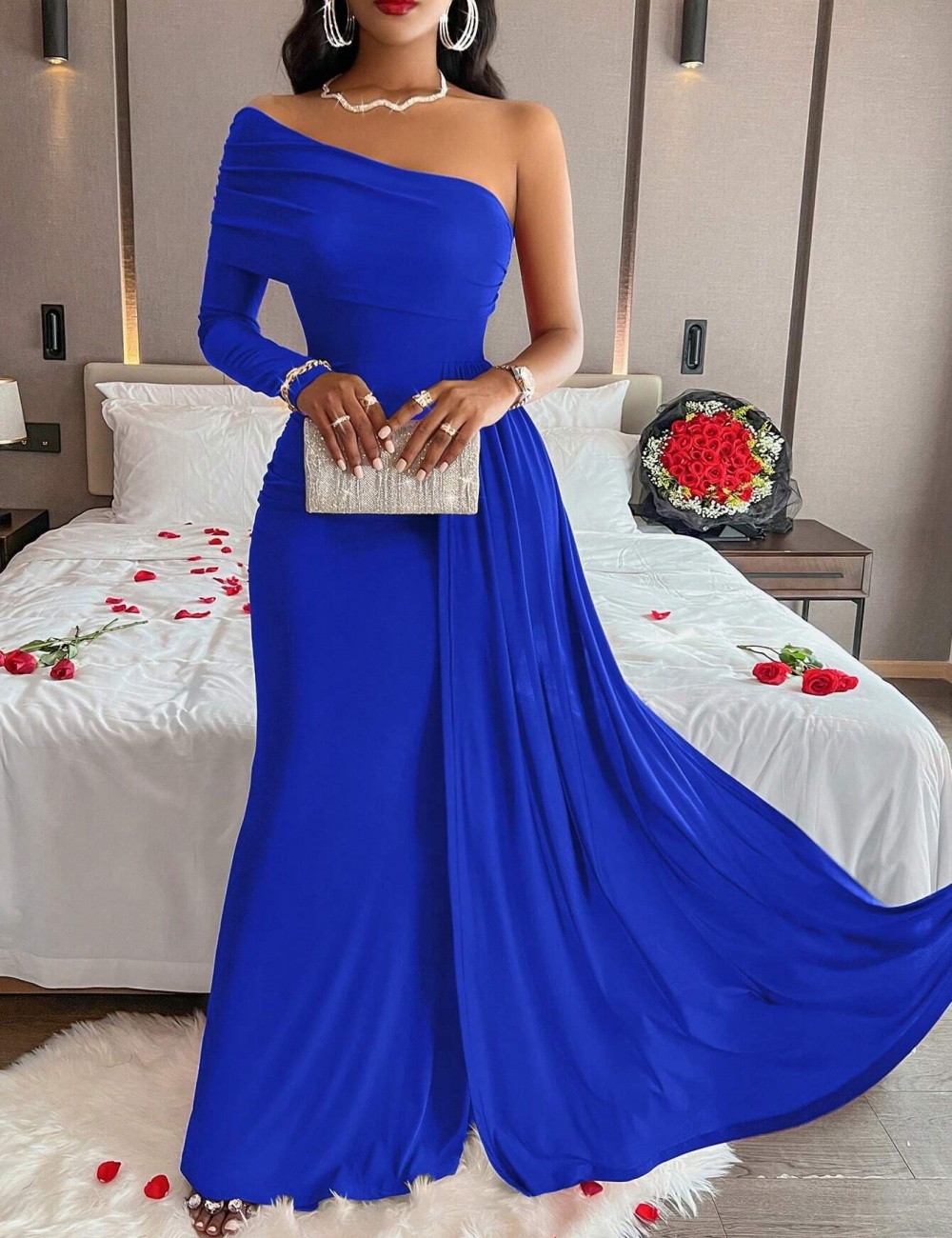 European style sloping shoulder dress for women