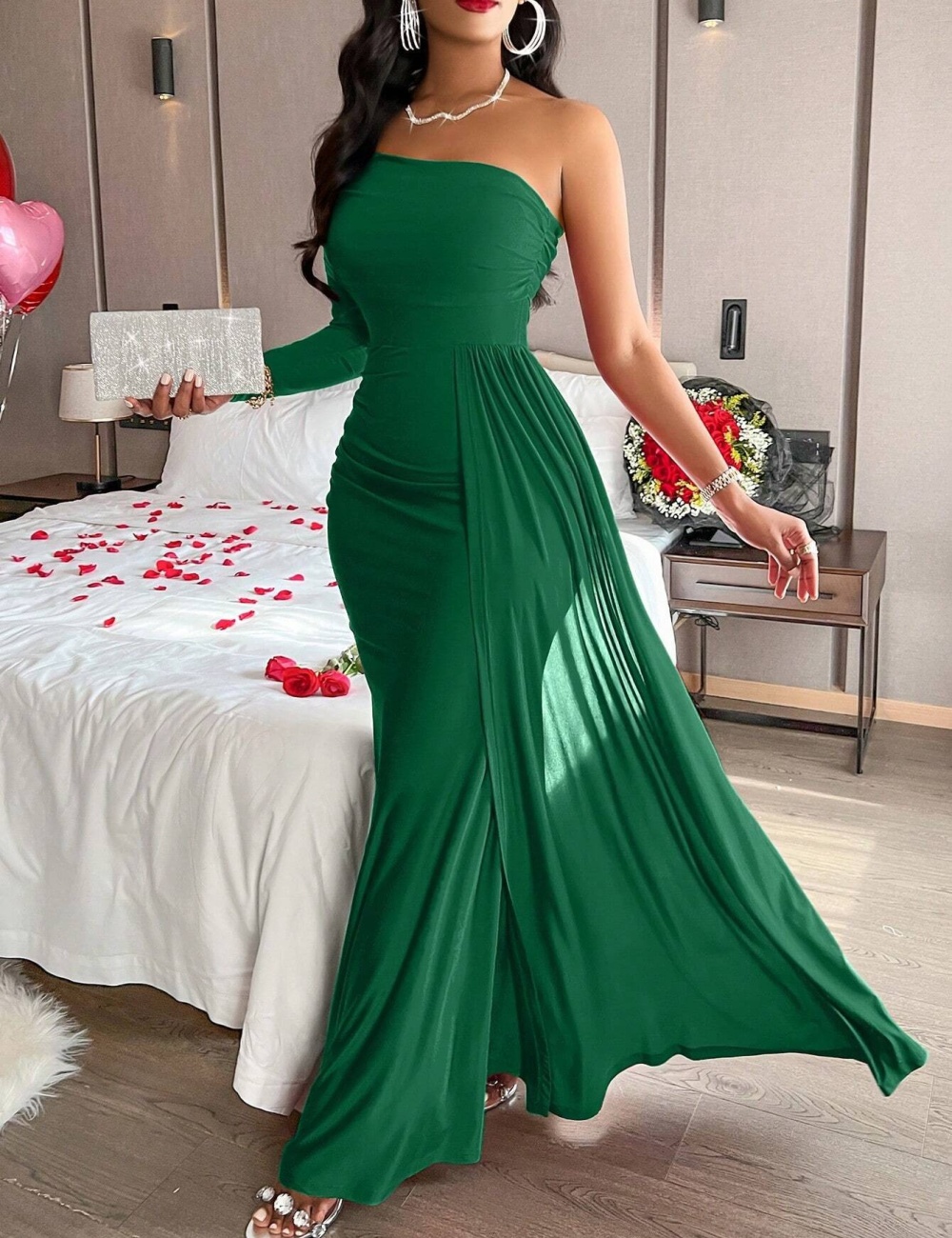 European style sloping shoulder dress for women