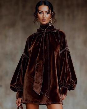 Bow autumn and winter high collar European style dress