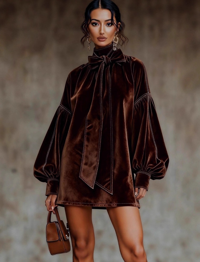 Bow autumn and winter high collar European style dress