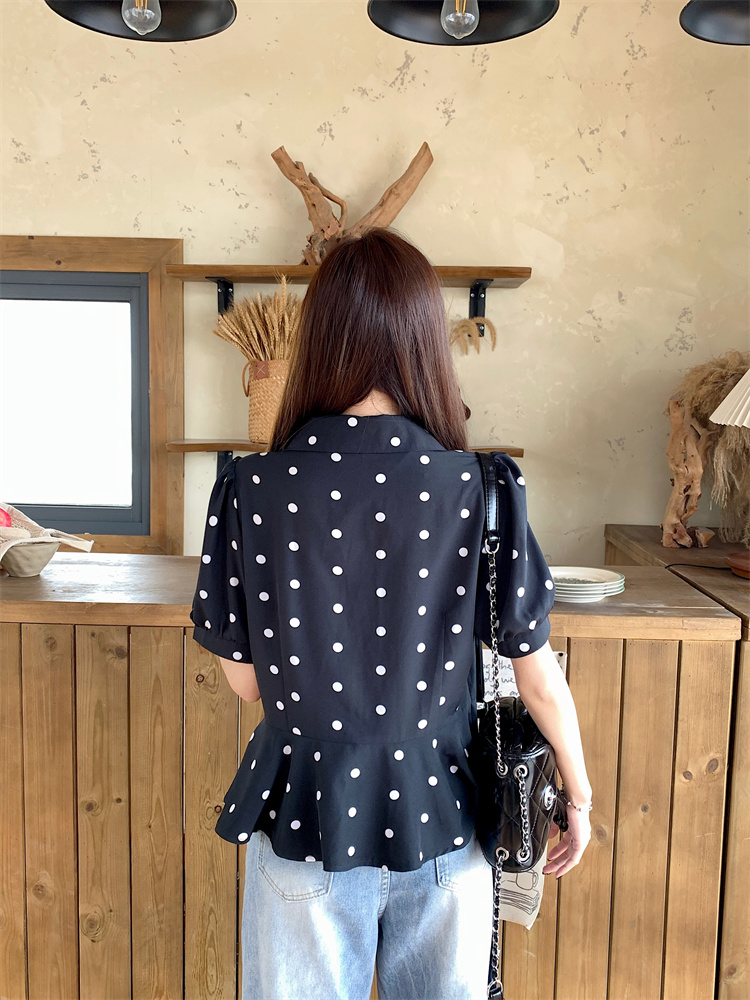 Fat short sleeve slim tops chiffon polka dot niche shirt