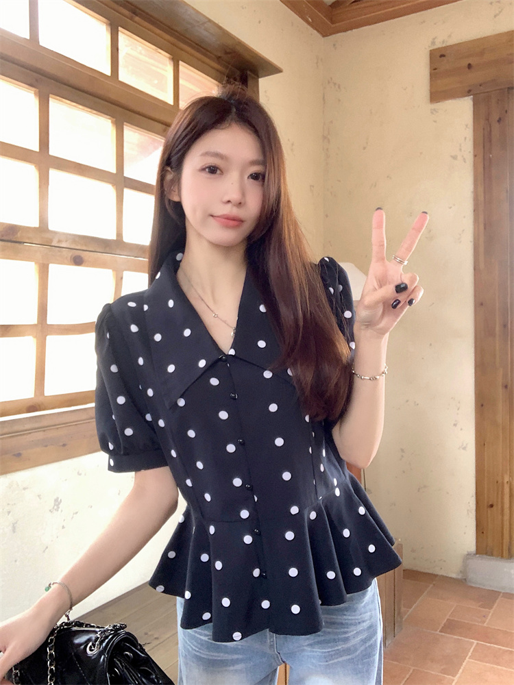 Fat short sleeve slim tops chiffon polka dot niche shirt