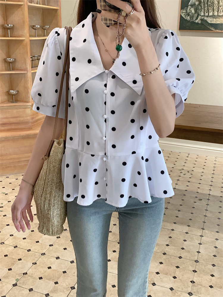 Fat short sleeve slim tops chiffon polka dot niche shirt