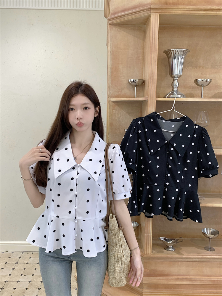 Fat short sleeve slim tops chiffon polka dot niche shirt