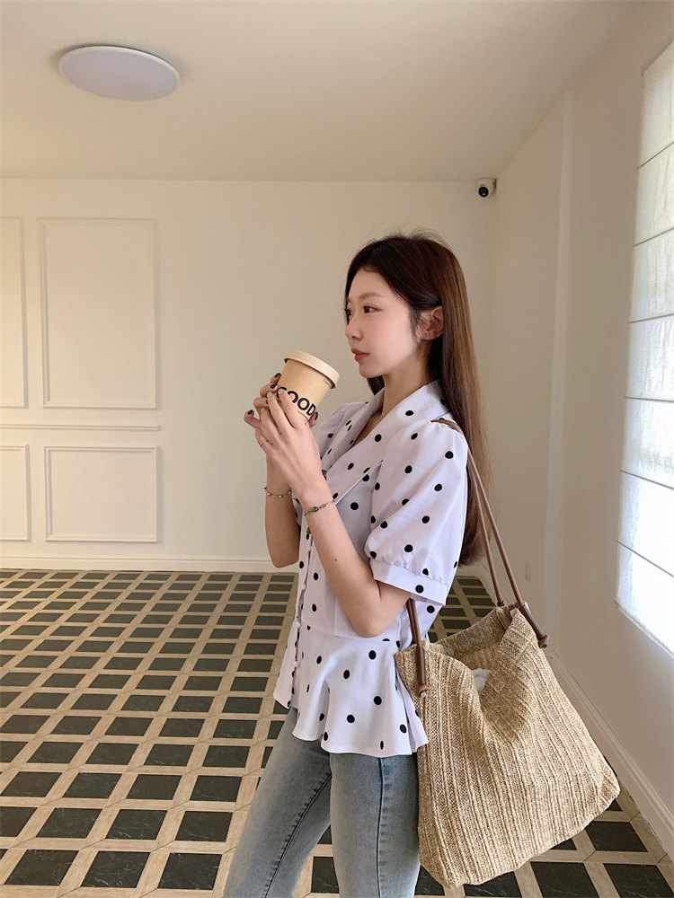 Fat short sleeve slim tops chiffon polka dot niche shirt