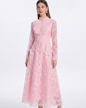 Court style embroidery waistband beading hollow dress