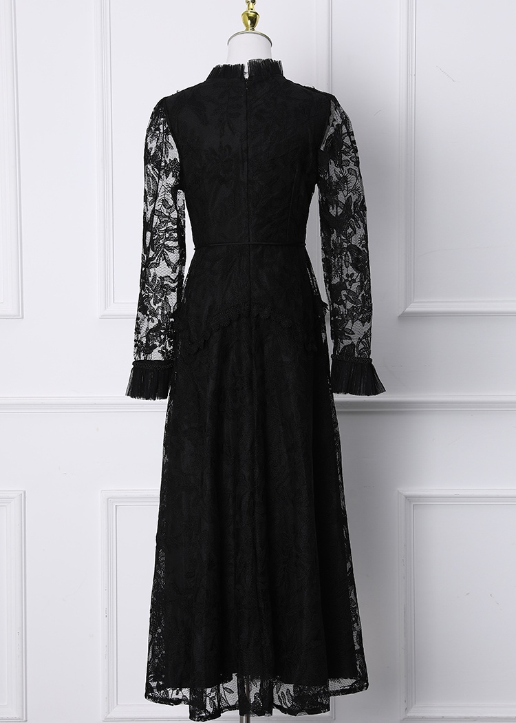 Court style embroidery waistband beading hollow dress