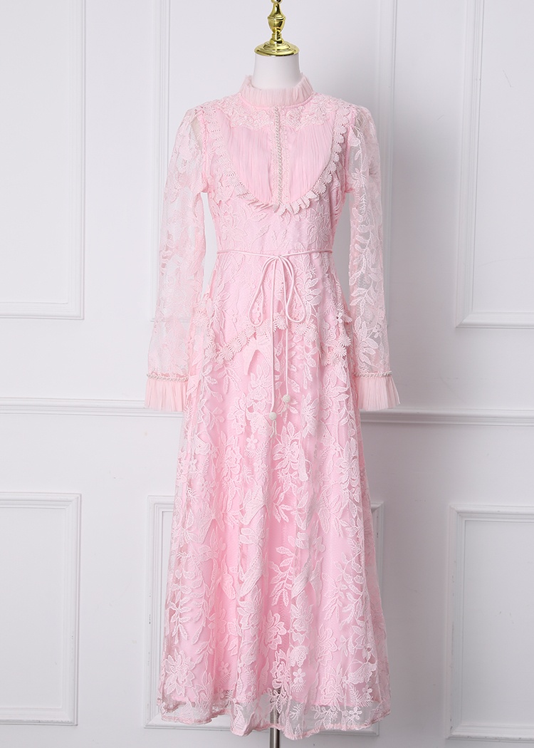 Court style embroidery waistband beading hollow dress