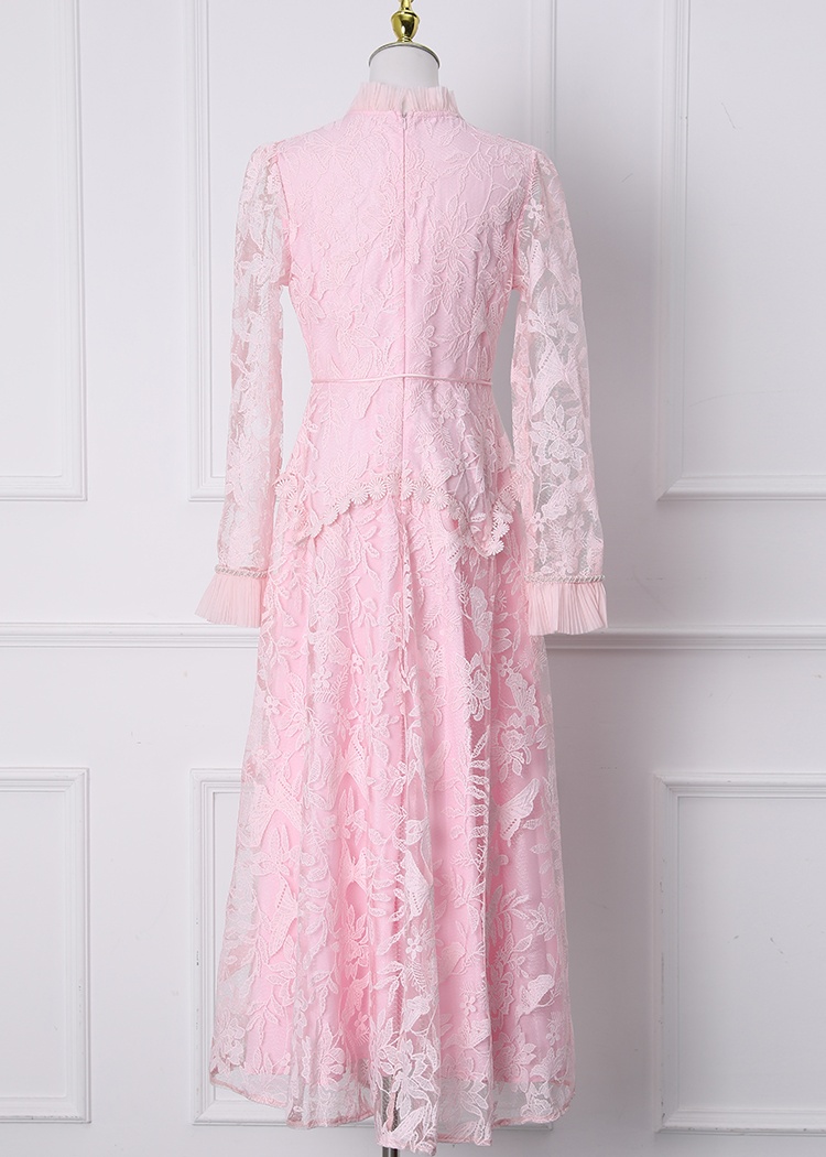 Court style embroidery waistband beading hollow dress