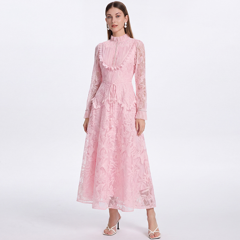 Court style embroidery waistband beading hollow dress