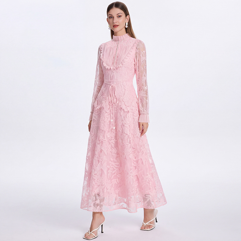 Court style embroidery waistband beading hollow dress