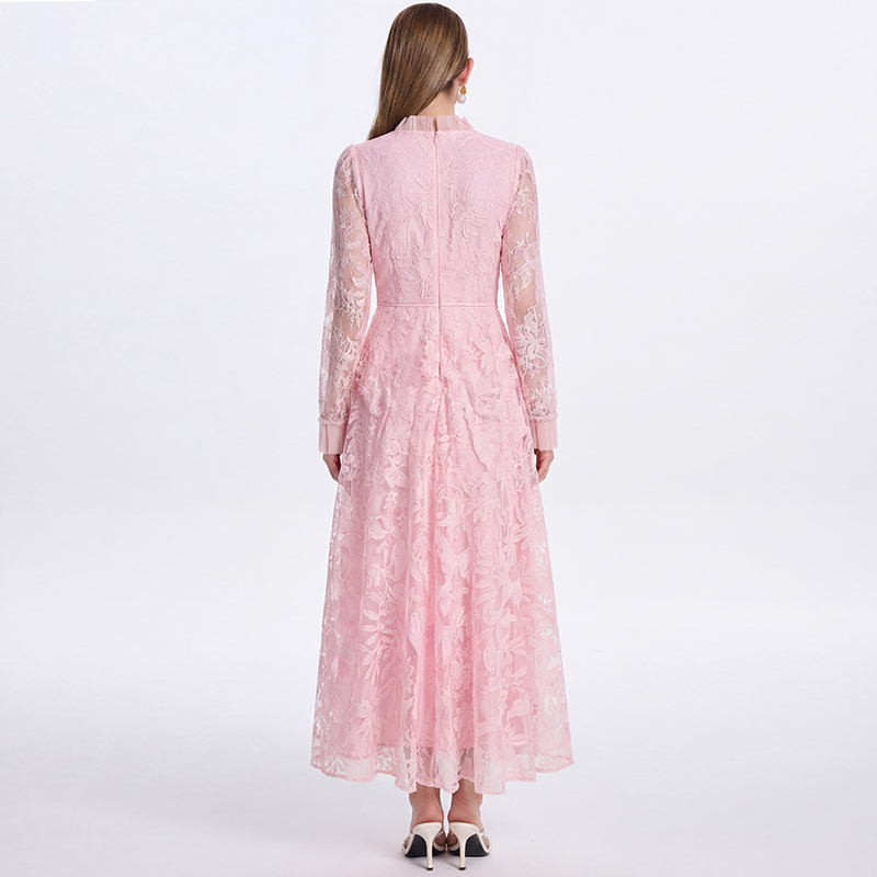 Court style embroidery waistband beading hollow dress