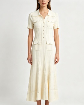Slim France style knitted tender pink lapel dress