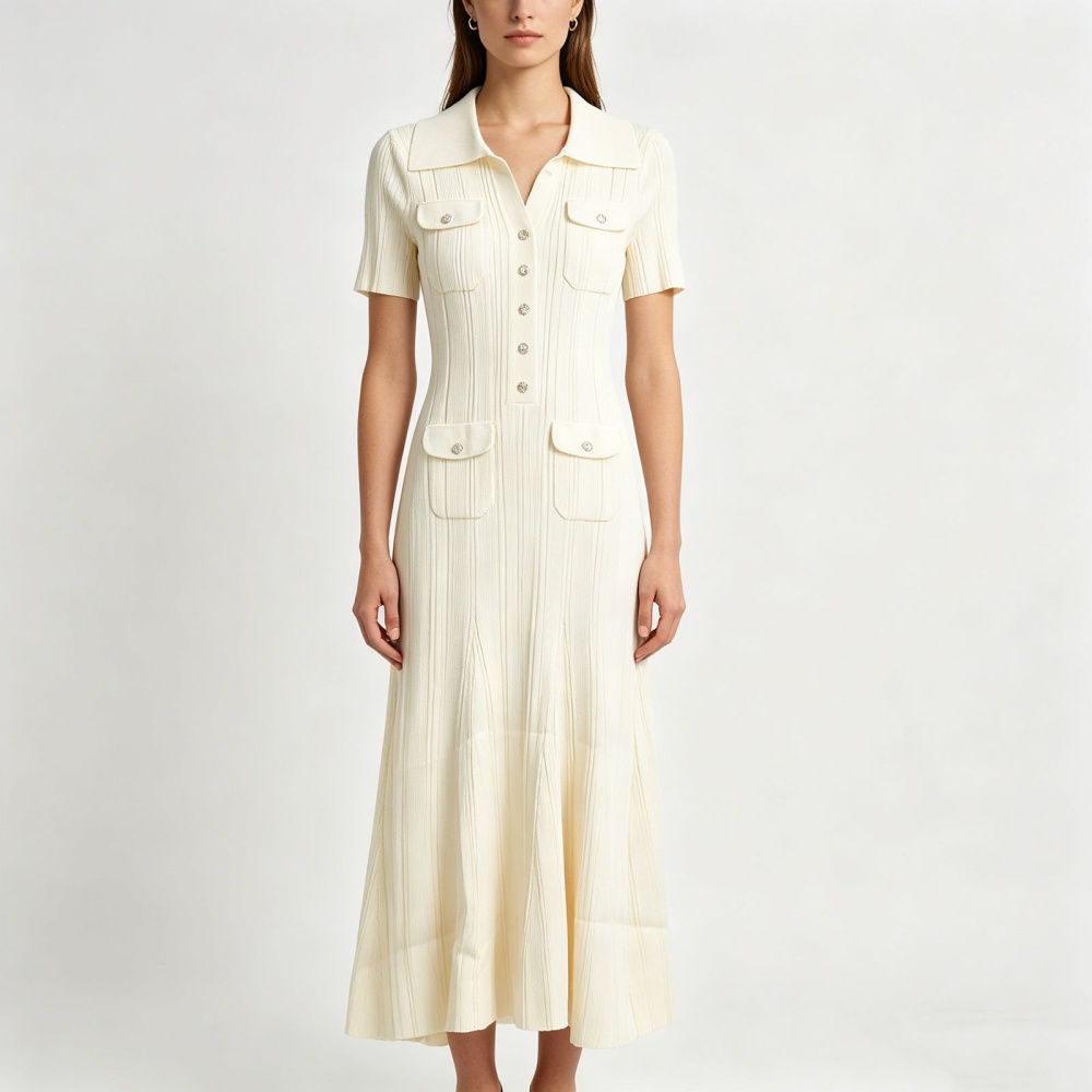 Slim France style knitted tender pink lapel dress