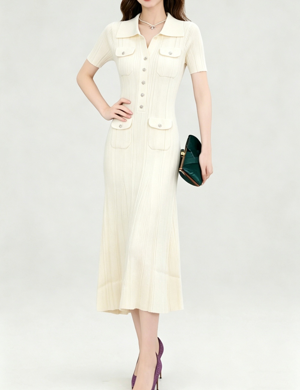Slim France style knitted tender pink lapel dress