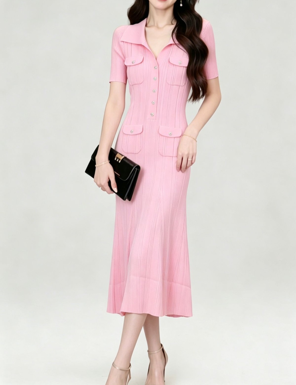 Slim France style knitted tender pink lapel dress