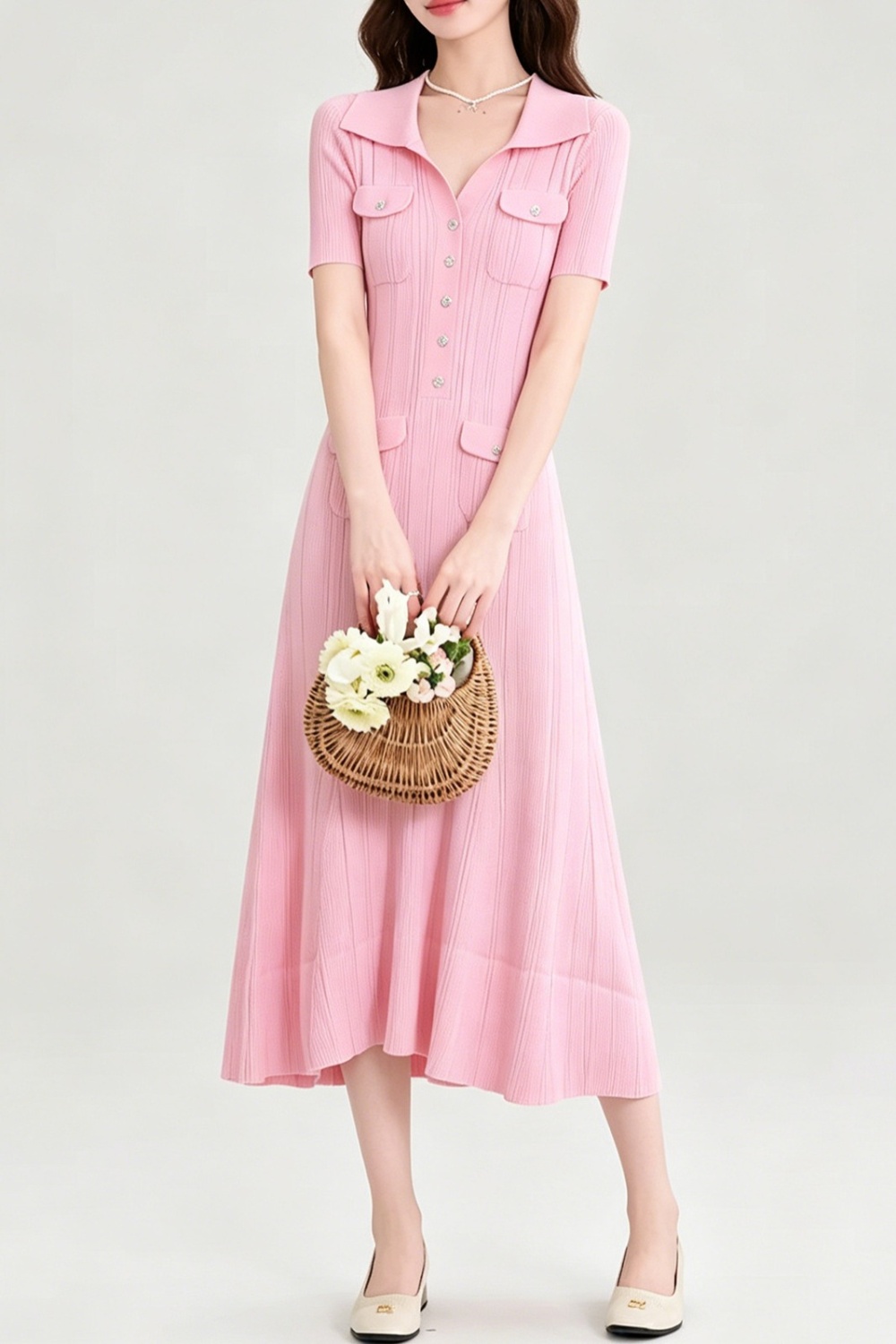 Slim France style knitted tender pink lapel dress