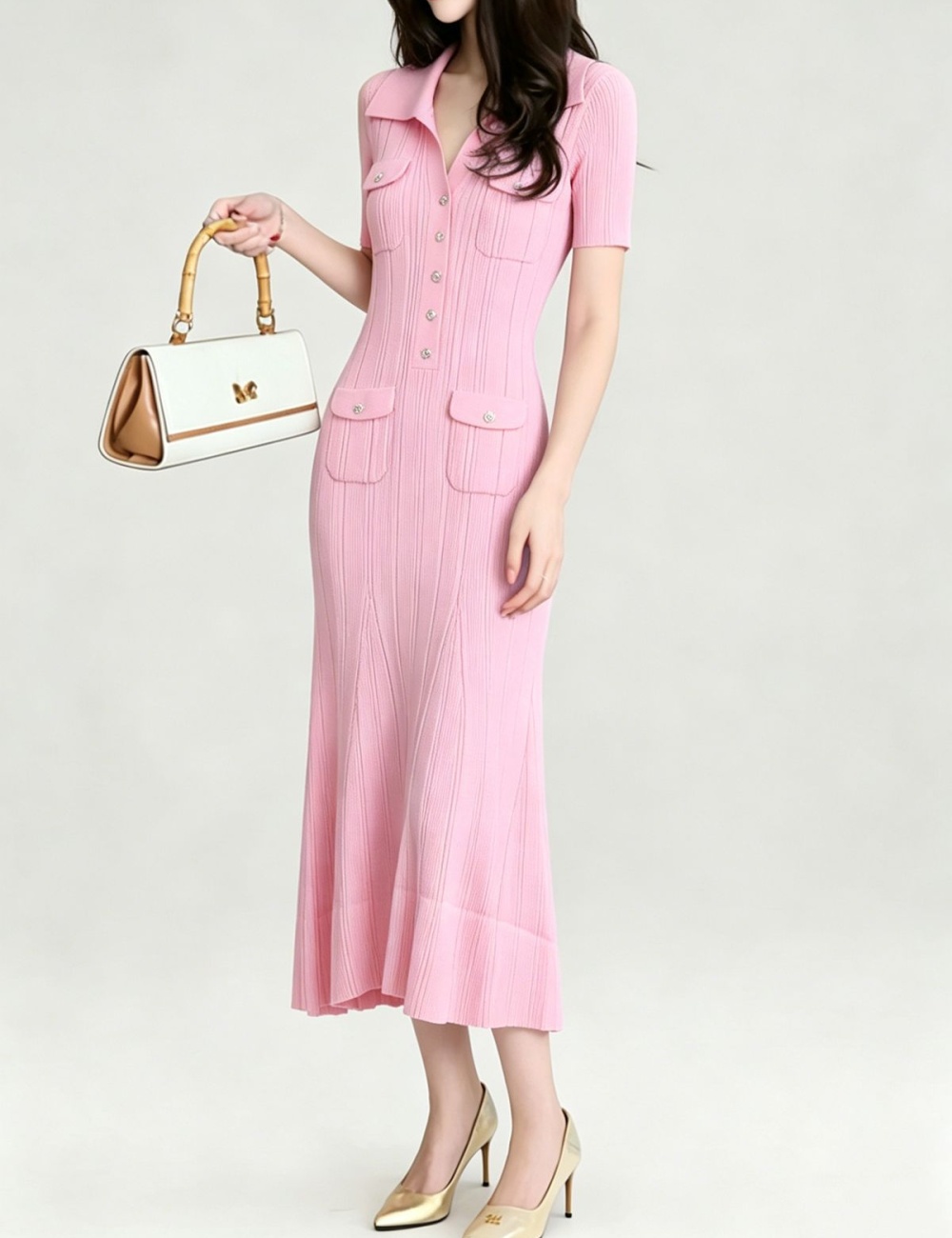 Slim France style knitted tender pink lapel dress