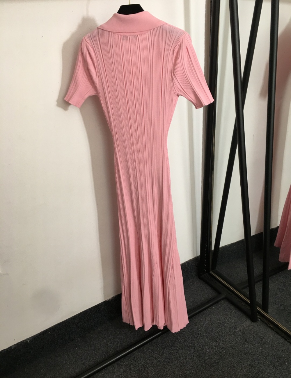 Slim France style knitted tender pink lapel dress