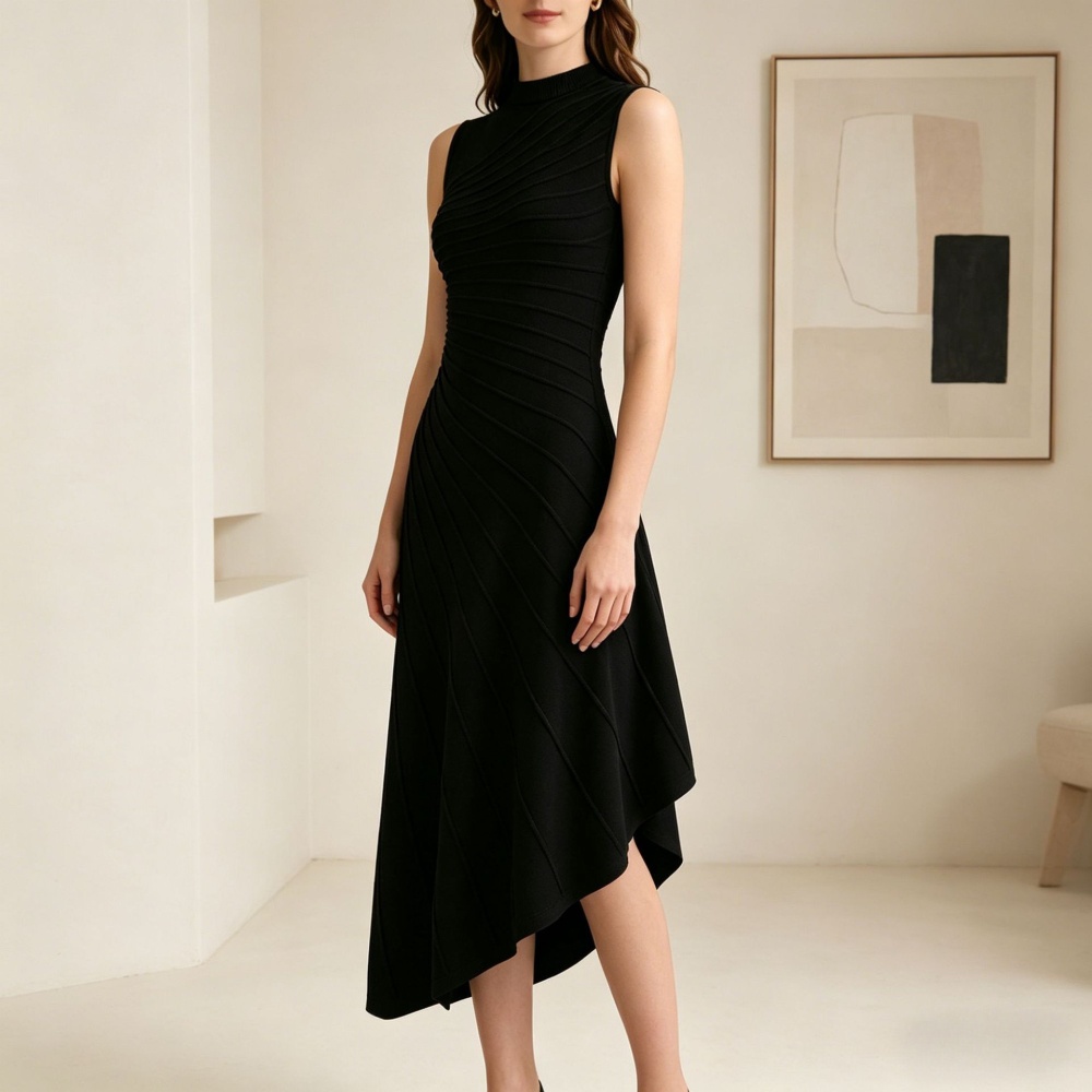 Half high collar irregular knitted swing slim dress for women