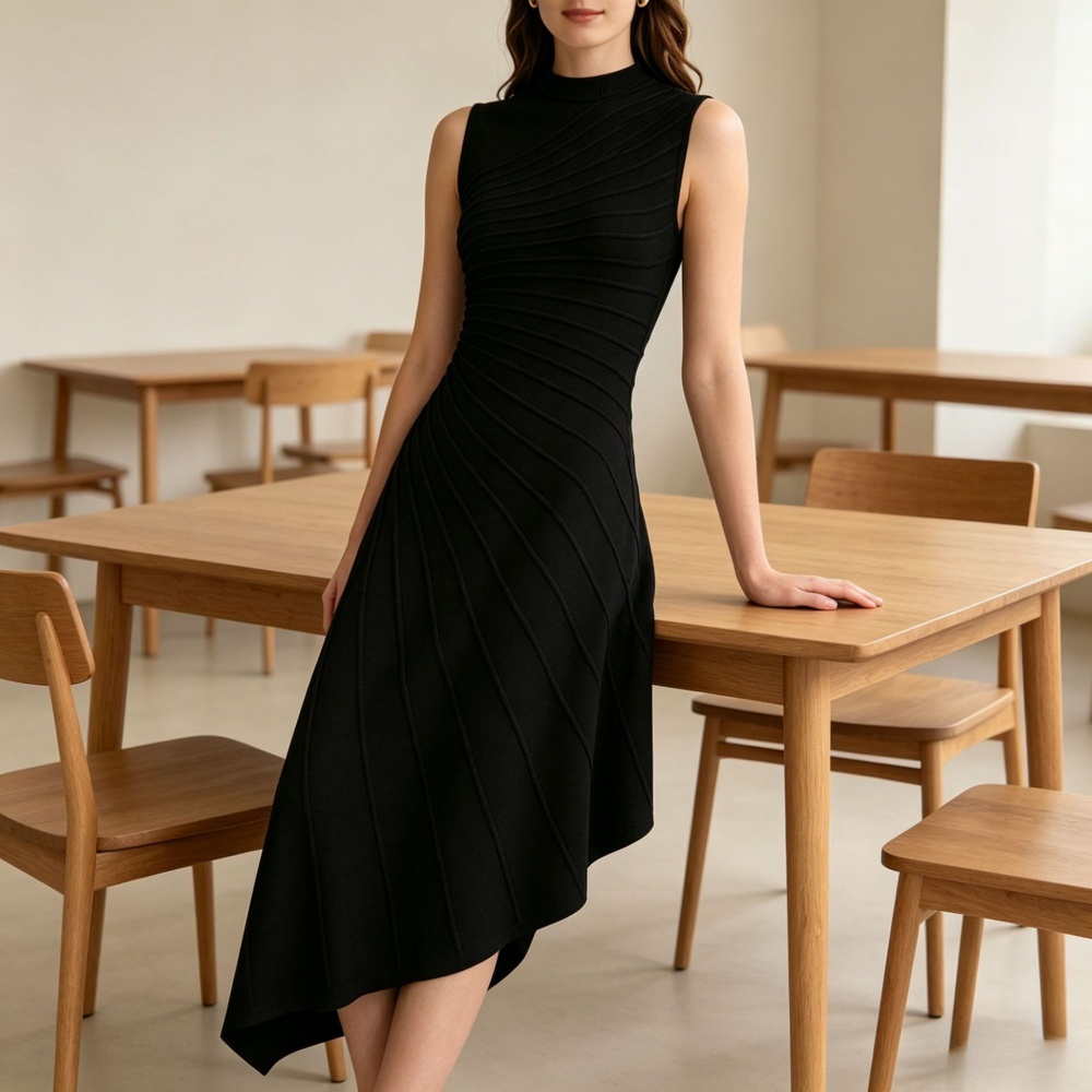 Half high collar irregular knitted swing slim dress for women