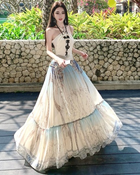 Pseudo-two halter vacation slim splice long sleeveless dress