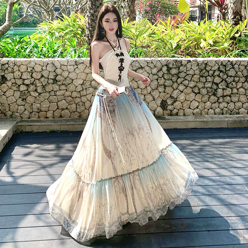 Pseudo-two halter vacation slim splice long sleeveless dress