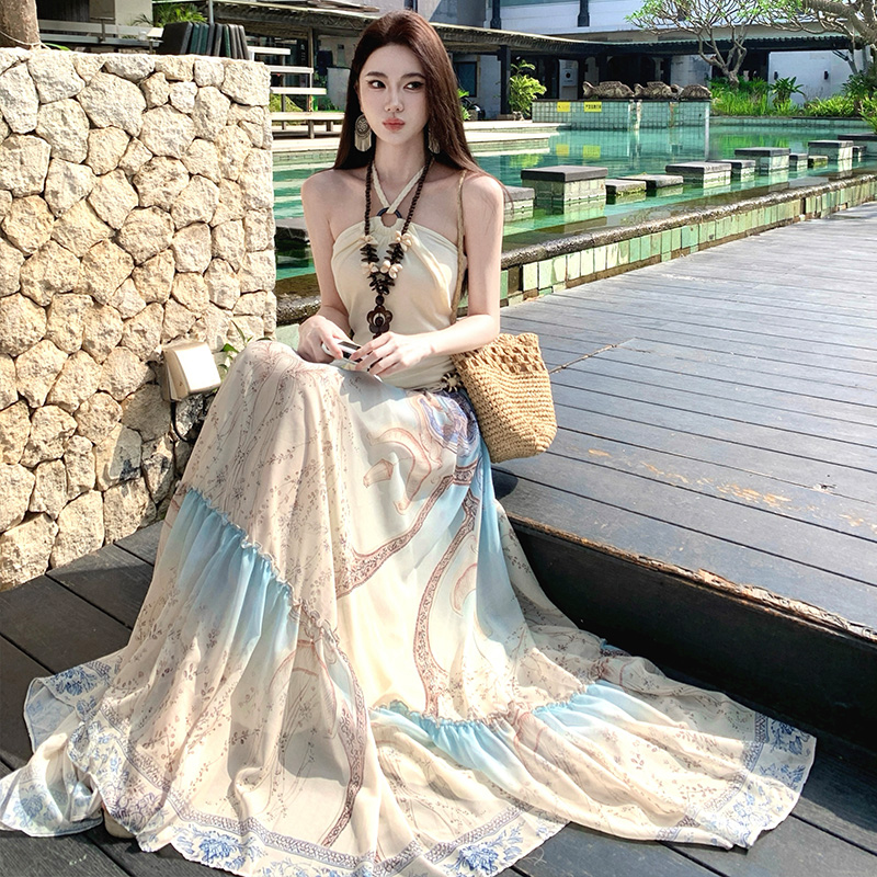 Pseudo-two halter vacation slim splice long sleeveless dress