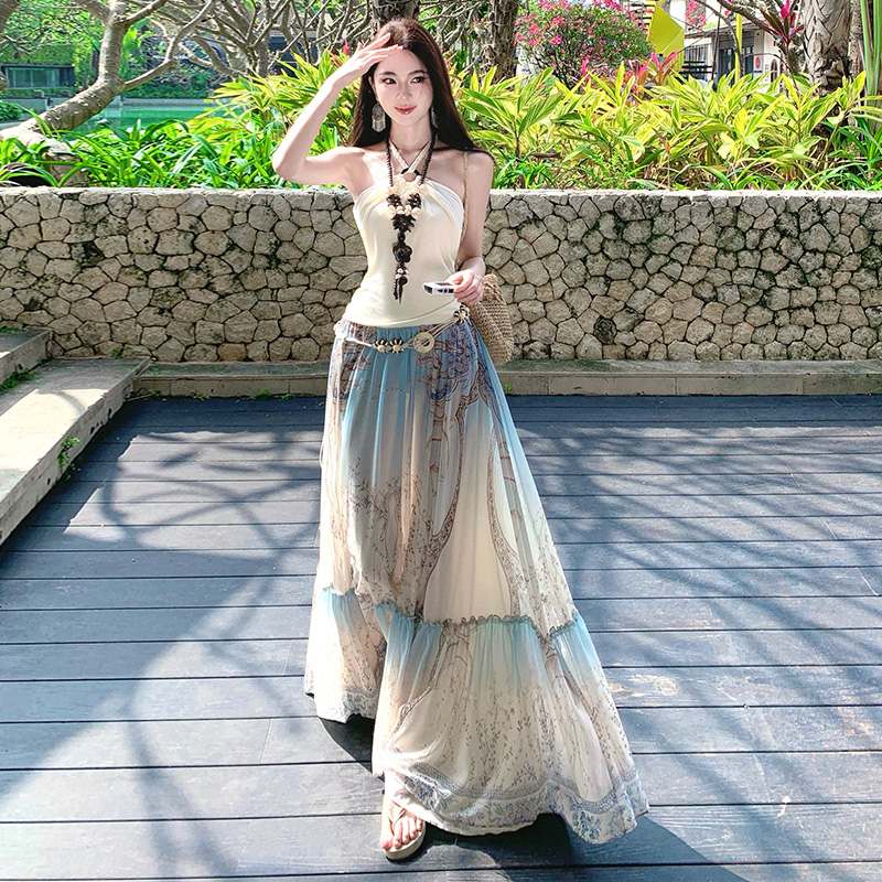 Pseudo-two halter vacation slim splice long sleeveless dress