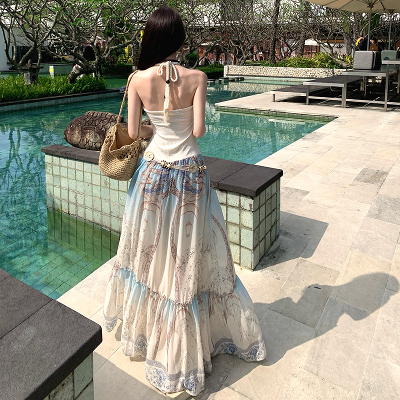 Pseudo-two halter vacation slim splice long sleeveless dress