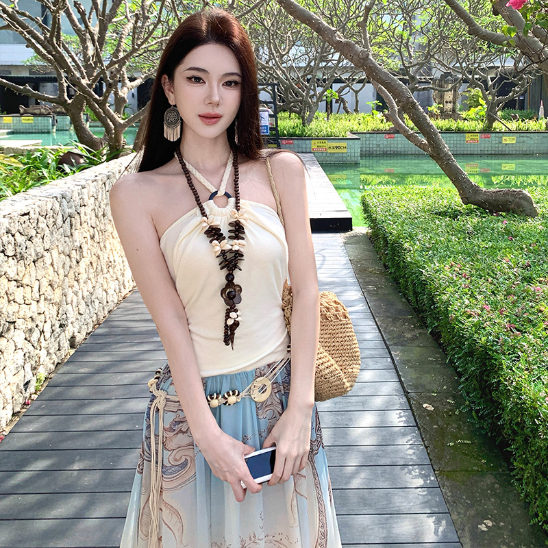 Pseudo-two halter vacation slim splice long sleeveless dress