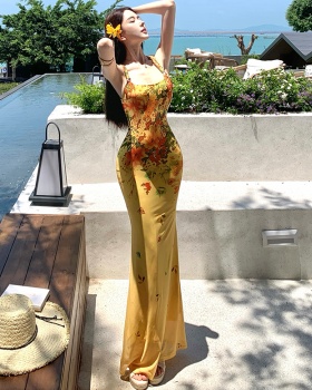 Sexy halter long dress pinched waist dress for women