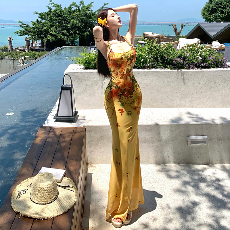 Sexy halter long dress pinched waist dress for women