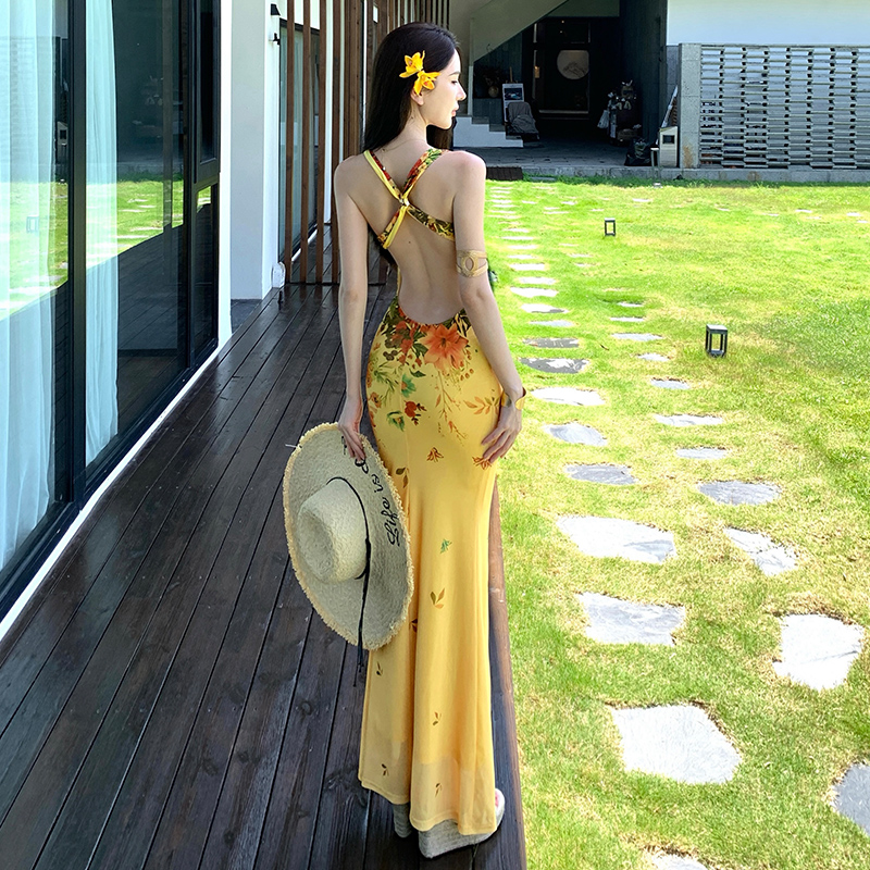 Sexy halter long dress pinched waist dress for women
