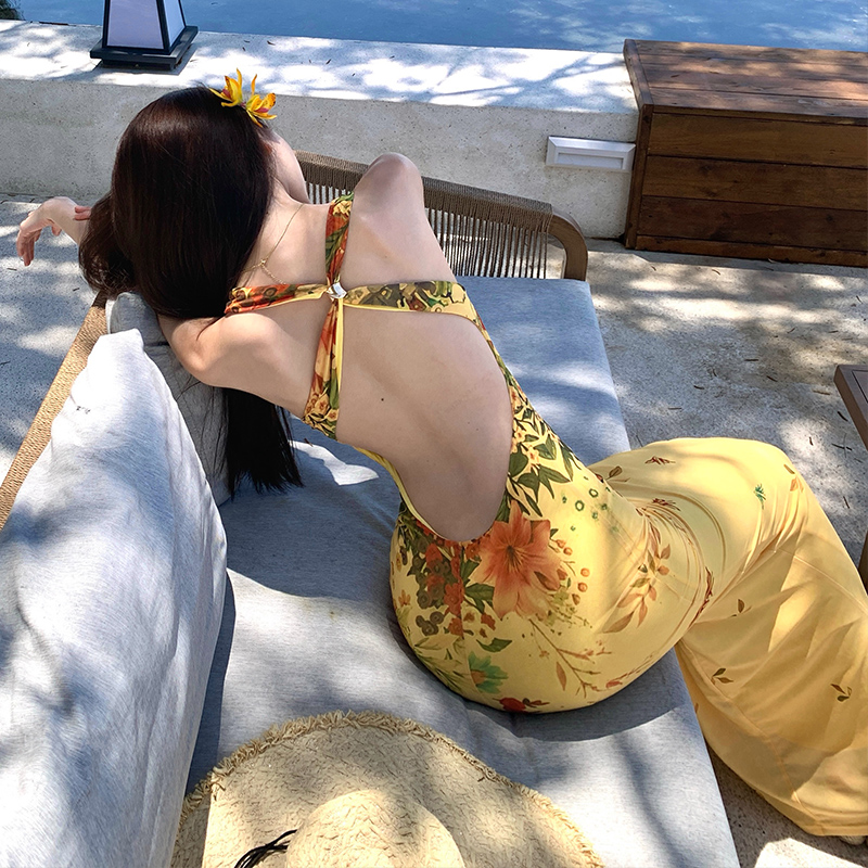 Sexy halter long dress pinched waist dress for women