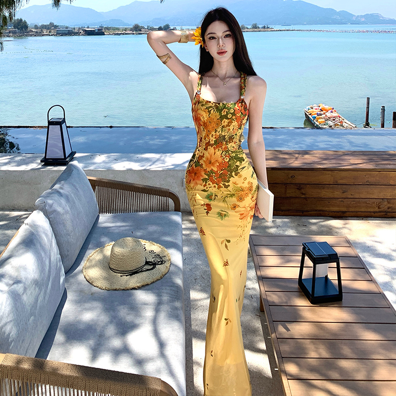 Sexy halter long dress pinched waist dress for women