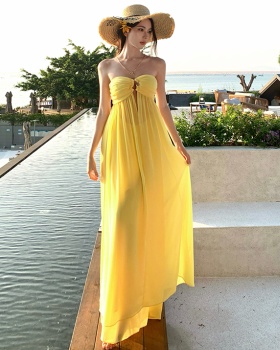 Seaside vacation summer wrapped chest yellow dress