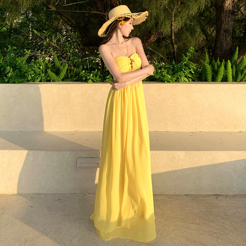 Seaside vacation summer wrapped chest yellow dress