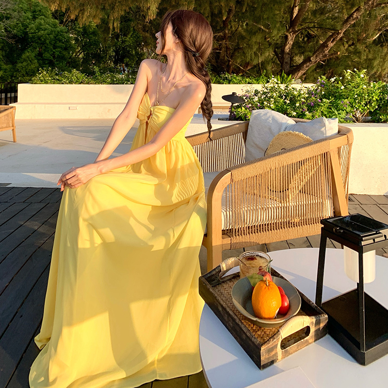 Seaside vacation summer wrapped chest yellow dress