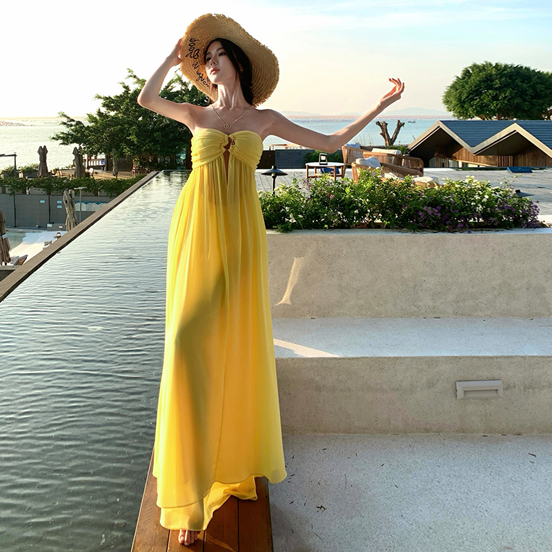 Seaside vacation summer wrapped chest yellow dress