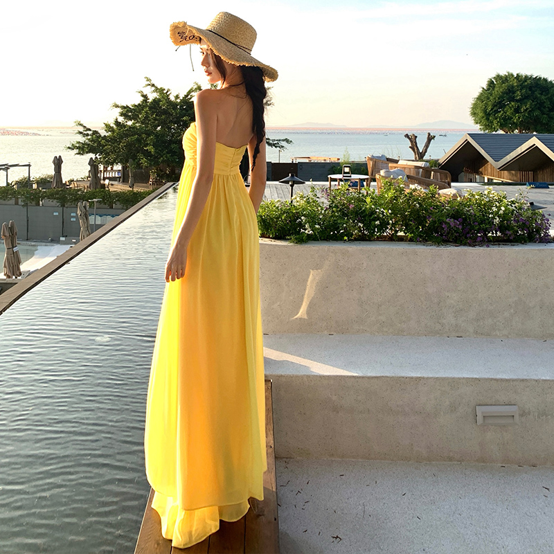 Seaside vacation summer wrapped chest yellow dress