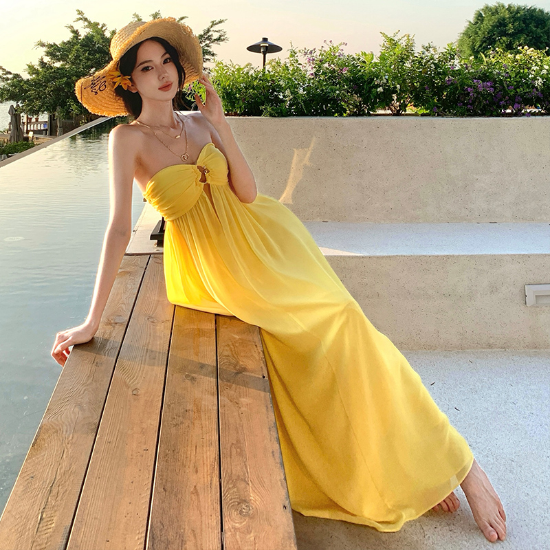 Seaside vacation summer wrapped chest yellow dress