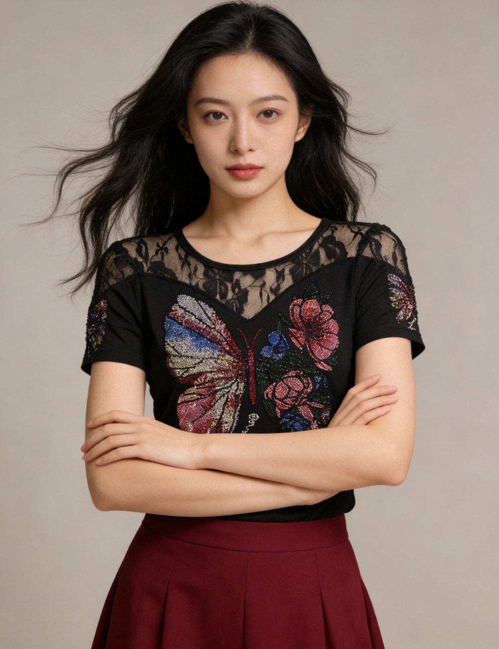 Temperament summer short sleeve diamond tops