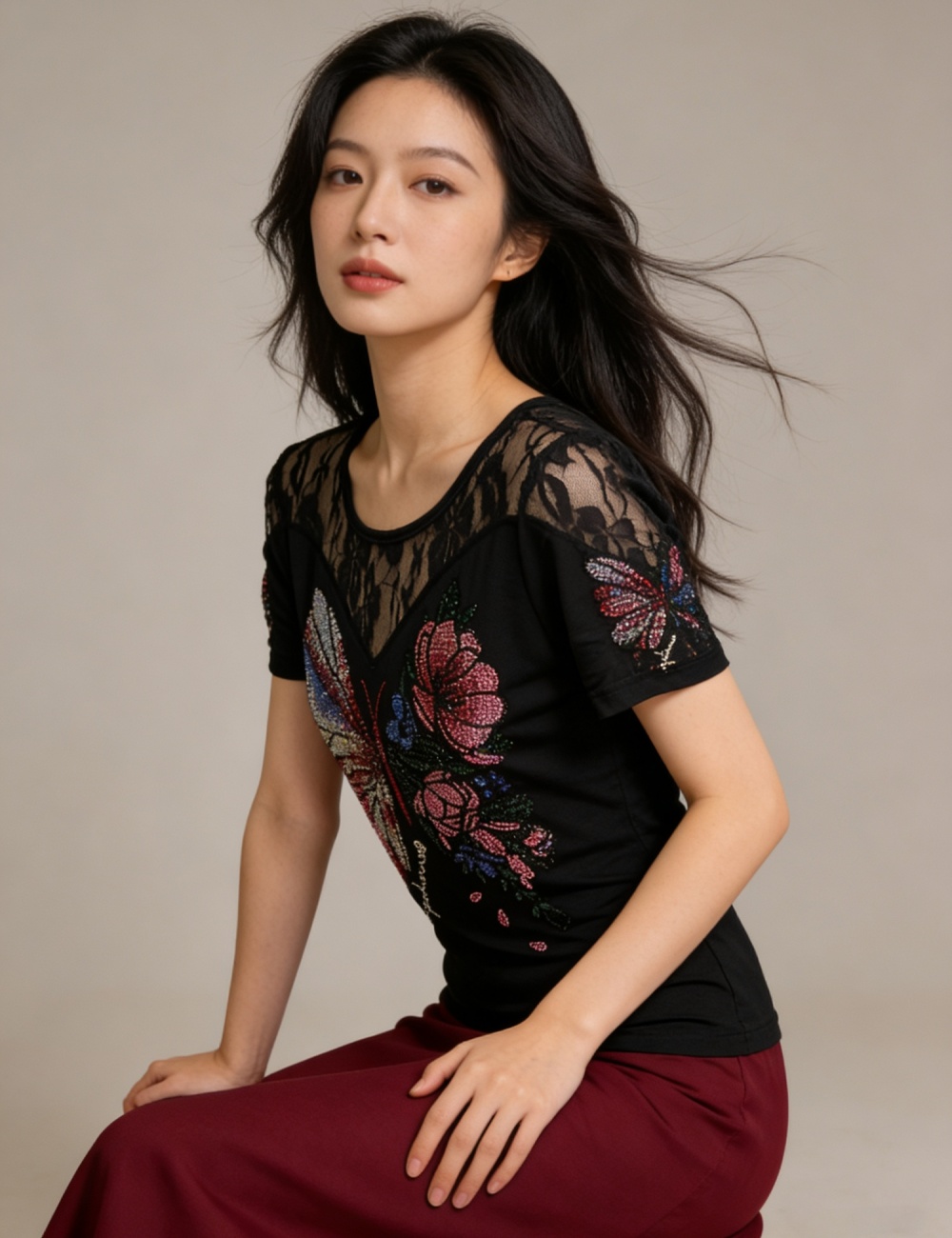 Temperament summer short sleeve diamond tops