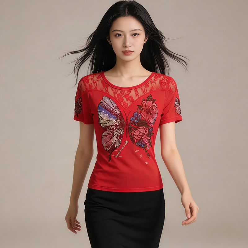 Temperament summer short sleeve diamond tops
