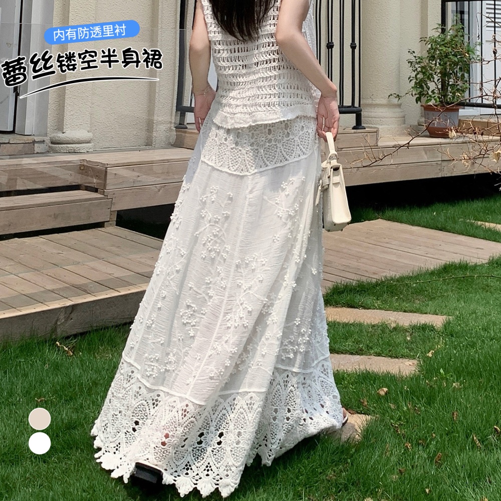 Lace crochet long skirt hollow big skirt skirt for women