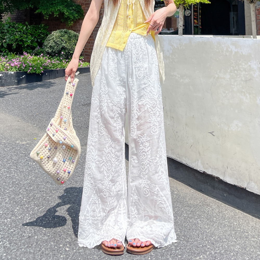 Jacquard embroidery summer hollow wide leg pants for women