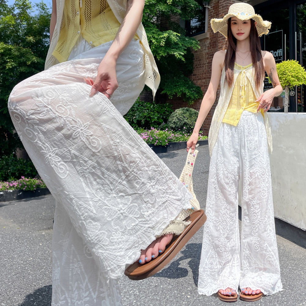 Jacquard embroidery summer hollow wide leg pants for women